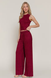 Sleeveless Top & Crinkle Knit Pants Set in Red Simmer & Fay